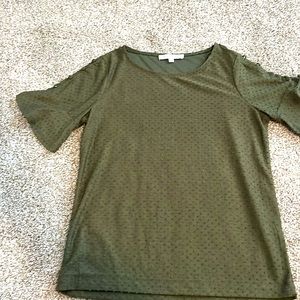 Olive green Rose + Olive Swiss dot shirt with glitter sleeves and button detail